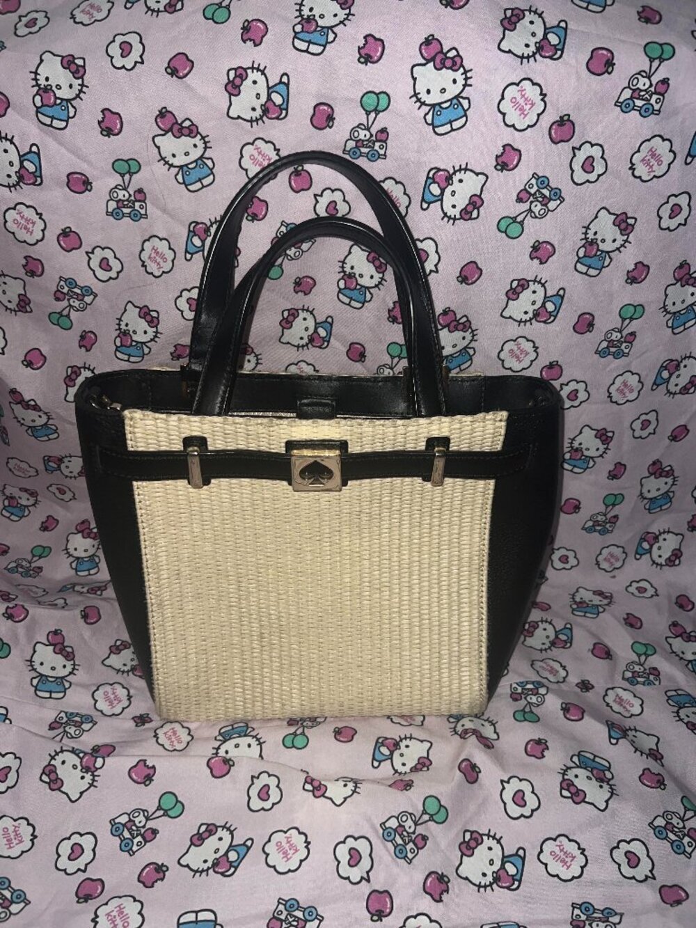 Kate Spade Woven Straw & Black Leather Satchel Crossbody Bag
